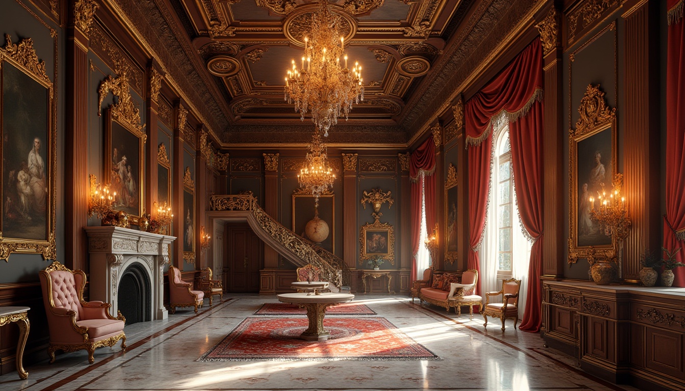 Prompt: Grand Renaissance-style mansion, ornate furnishings, lavish chandeliers, intricately carved wooden panels, high ceilings, sweeping staircases, marble flooring, velvet drapes, antique artwork, gilded accents, symmetrical composition, soft warm lighting, subtle color palette, luxurious fabrics, refined textures, ornate mirrors, elegant archways, rich wood tones, vintage rugs, cozy reading nooks, intimate seating areas, warm fireplaces, classic literature-inspired decor.