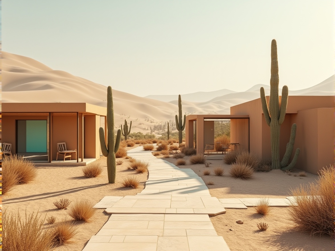 Prompt: Desert landscape, sandy dunes, cactus plants, warm beige walls, earthy terracotta roofs, vibrant turquoise accents, rich umber wood tones, soft golden lighting, subtle gradient skies, minimalist modern architecture, clean lines, sleek metal frames, reflective glass surfaces, abstract geometric patterns, natural stone floors, ambient occlusion, shallow depth of field, 3/4 composition, panoramic view, realistic textures.