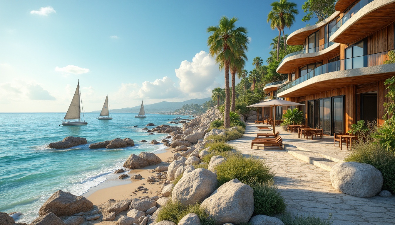 Prompt: Serene ocean views, rugged shoreline, weathered wooden docks, sailboats, beachside promenade, modern coastal architecture, curved lines, large windows, sliding glass doors, natural ventilation, reclaimed wood accents, driftwood sculptures, sea-inspired color palette, sandy textures, pebble-studded walkways, lush greenery, tropical plants, palm trees, sunny day, warm soft lighting, shallow depth of field, 3/4 composition, panoramic view, realistic water effects, ambient occlusion.