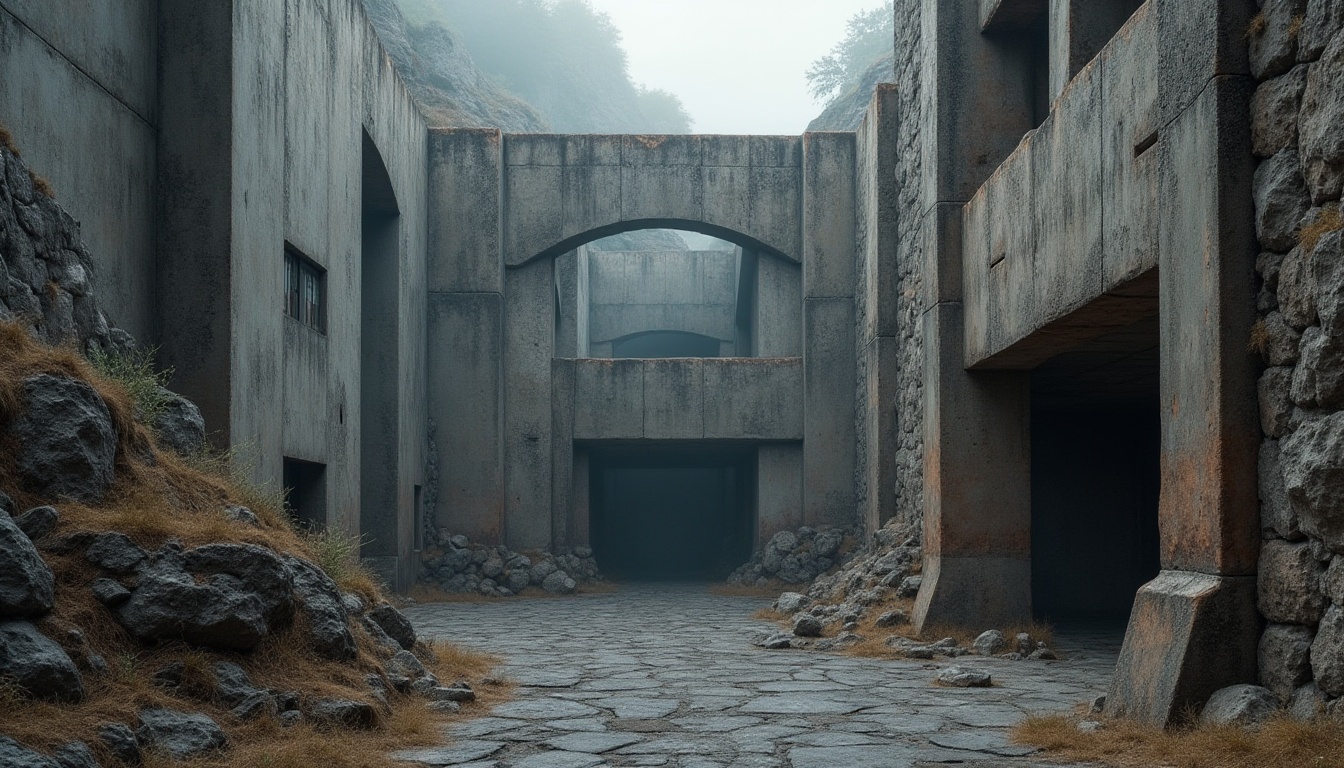 Prompt: Rough-hewn concrete walls, rugged stone facades, brutalist monumentality, fortress-like structures, imposing massing, geometric angularity, raw industrial materials, distressed metal accents, oxidized copper tones, weathered wood textures, monumental scale, dramatic shading, high-contrast lighting, cinematic composition, atmospheric mist, moody ambient occlusion.