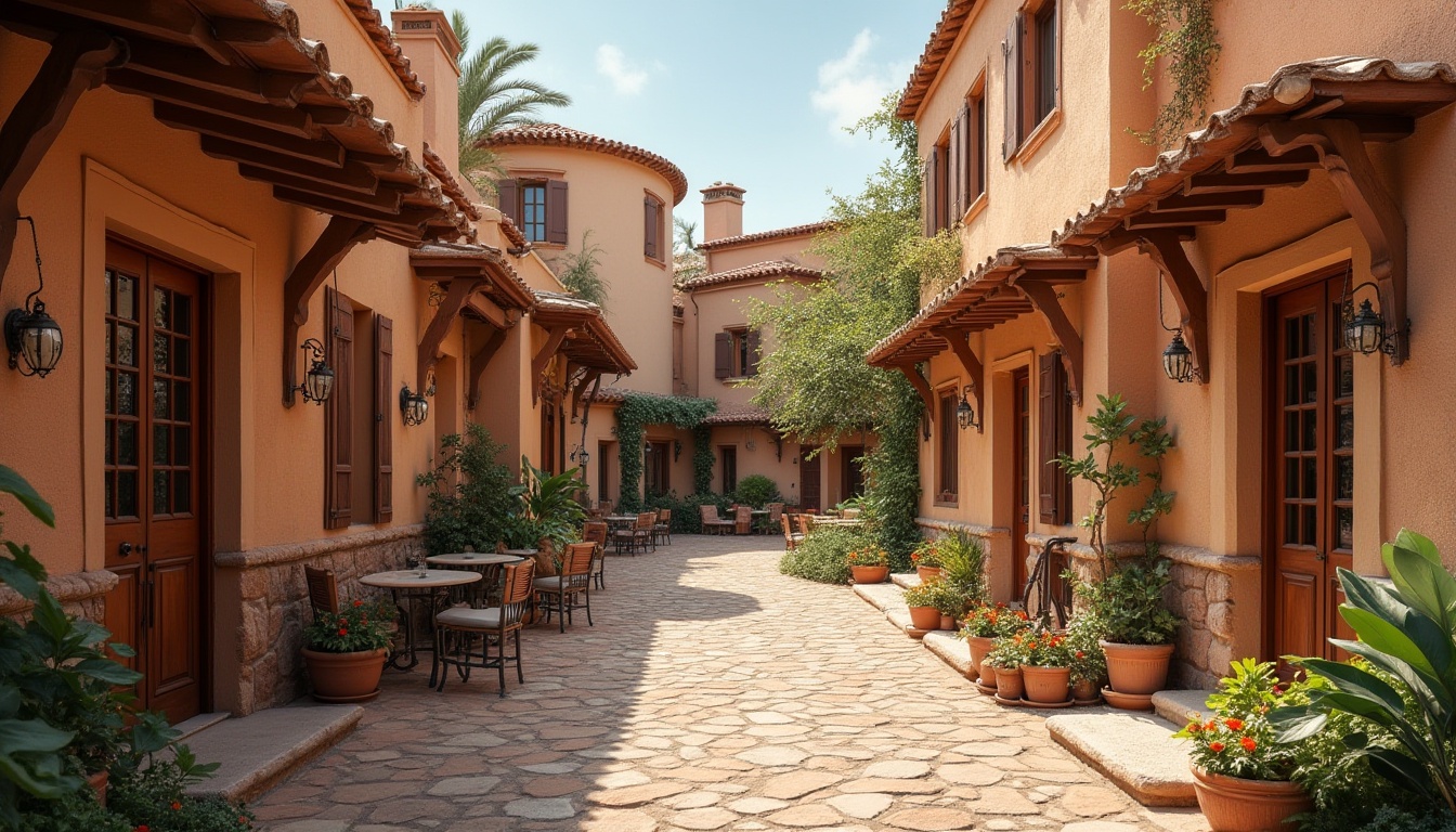 Prompt: Warm earthy buildings, chocolate brown brick walls, rich terracotta roofs, creamy stucco facades, wooden accents, rustic door handles, bronze metalwork, ornate ceramic tiles, soft warm lighting, cozy atmosphere, inviting entranceways, natural stone pathways, lush greenery, vibrant flowers, comfortable outdoor seating areas, shallow depth of field, 3/4 composition, panoramic view, realistic textures, ambient occlusion.