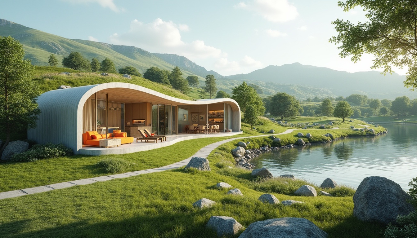 Prompt: Rolling hills, serene lakeside, lush greenery, walking trails, modern architecture, curved lines, sustainable design, eco-friendly materials, large windows, natural light, minimalist interior, sleek furniture, vibrant colorful accents, abstract sculptures, artistic installations, shallow depth of field, 3/4 composition, panoramic view, realistic textures, ambient occlusion.