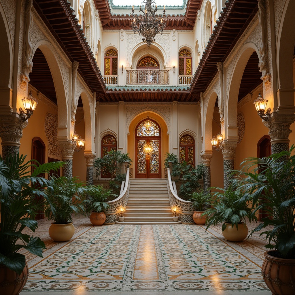 Prompt: \Intricate ornamental facades, sinuous lines, flowing organic forms, luxurious materials, ornate ironwork, stained glass windows, grand entranceways, sweeping staircases, elegant balconies, carved wooden decorations, vividly colored tiles, subtle Moorish influences, asymmetrical compositions, dramatic archways, soft warm lighting, shallow depth of field, 1/1 composition, realistic textures, ambient occlusion.\