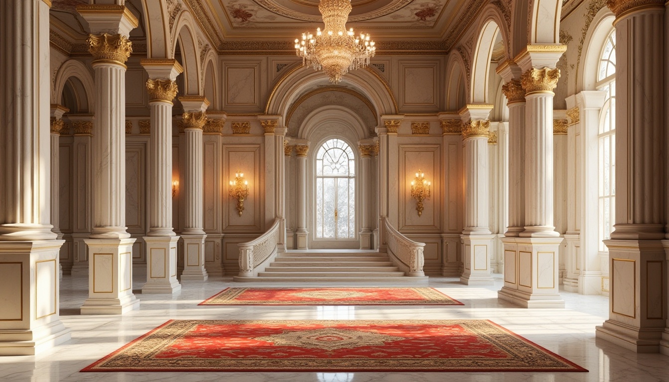 Prompt: Marble columns, ornate carvings, rich wood paneling, intricately patterned rugs, luxurious velvet drapes, crystal chandeliers, polished brass fixtures, creamy white limestone walls, ornamental moldings, grand staircases, majestic archways, soft warm lighting, 1/1 composition, realistic textures, ambient occlusion.