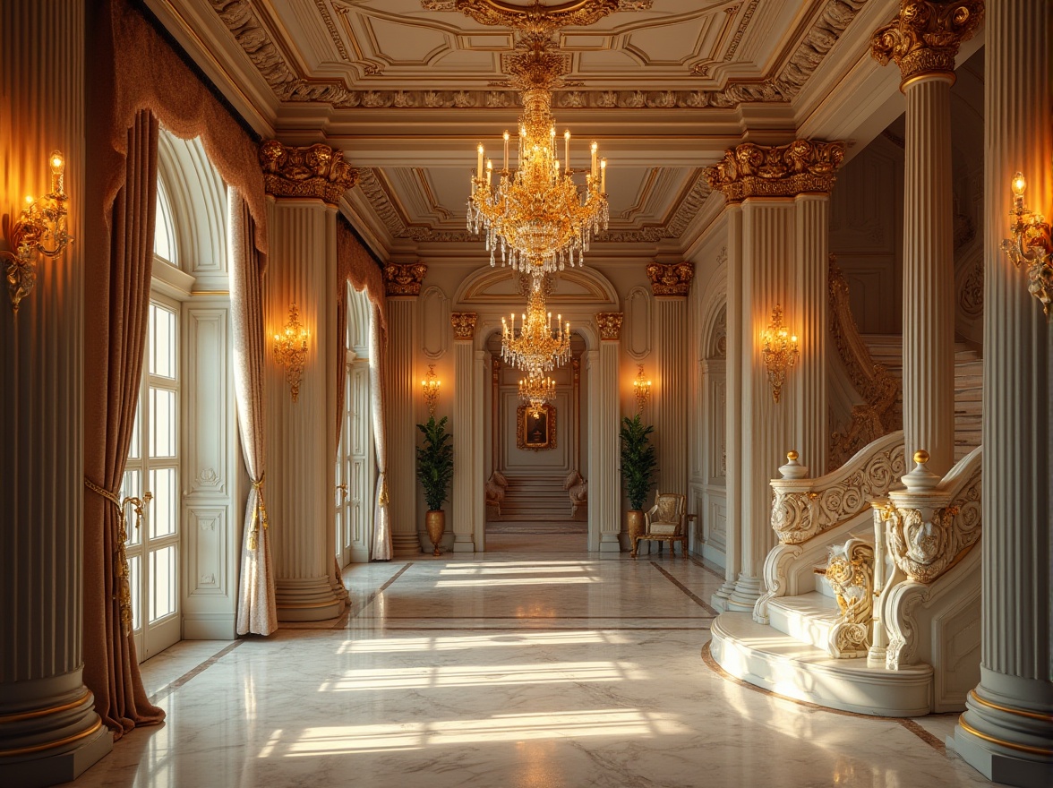 Prompt: Elegant mansion, ornate facades, Corinthian columns, intricately carved architraves, ornamental pilasters, decorative entablatures, classical pediments, grand entranceways, sweeping staircases, marble floors, crystal chandeliers, rich velvet drapes, golden accents, subtle warm lighting, shallow depth of field, 2/3 composition, symmetrical framing, high-contrast textures, ambient occlusion.