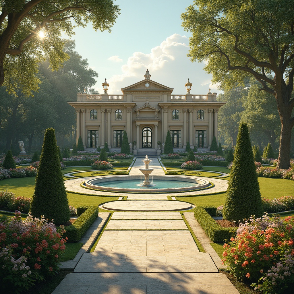 Prompt: Elegant mansion, symmetrical fa\u00e7ade, ornate columns, manicured lawns, topiary trees, blooming flower beds, meandering stone pathways, tranquil ponds, decorative fountains, classical statues, wrought iron gates, limestone pavement, majestic oak trees, sunny afternoon, soft warm lighting, shallow depth of field, 1/1 composition, panoramic view, realistic textures, ambient occlusion.