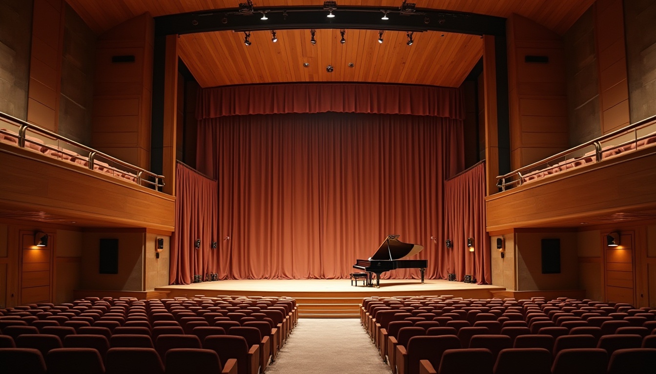 Prompt: Intimate concert hall, wooden stage, velvet curtains, premium sound systems, acoustic panels, diffusers, absorbers, high-ceilinged space, natural stone walls, plush seating, ambient lighting, warm color scheme, precise speaker placement, optimized reverberation time, 1/1 composition, shallow depth of field, soft focus, realistic textures, subtle reflections.