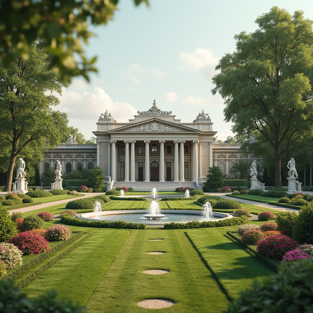 Prompt: Elegant neoclassical mansion, lush green lawns, ornate fountains, statues, walking paths, symmetrical gardens, vibrant flowers, shrubbery, ornamental trees, grand entrance gates, classical columns, carved stone details, rustic wooden benches, soft warm lighting, shallow depth of field, 1/1 composition, panoramic view, realistic textures, ambient occlusion.