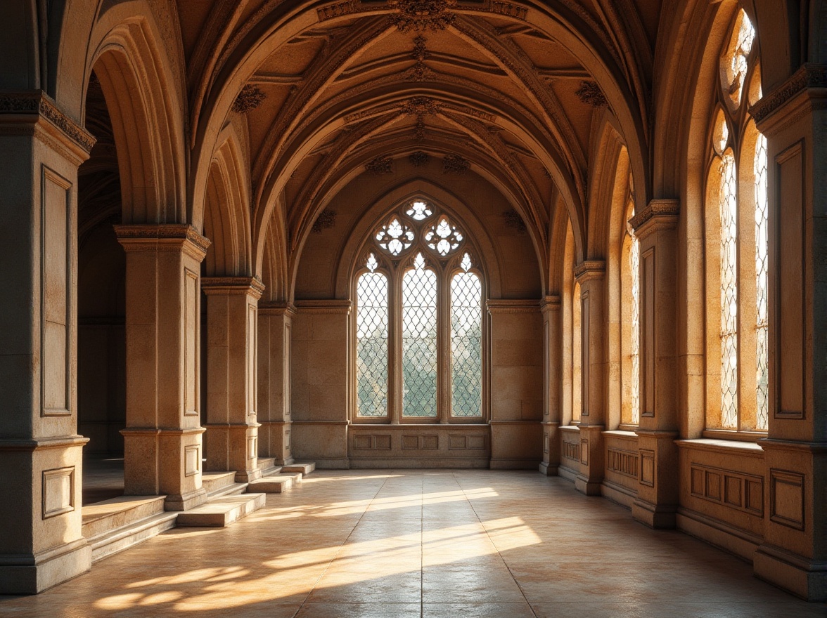 Prompt: Elegant arches, ornate carvings, grandiose windows, Gothic-inspired architecture, majestic buildings, rustic stone walls, earthy tone facades, soft warm lighting, intricate stained glass designs, refined classical details, symmetrical compositions, shallow depth of field, 1/2 composition, panoramic view, realistic textures, ambient occlusion.