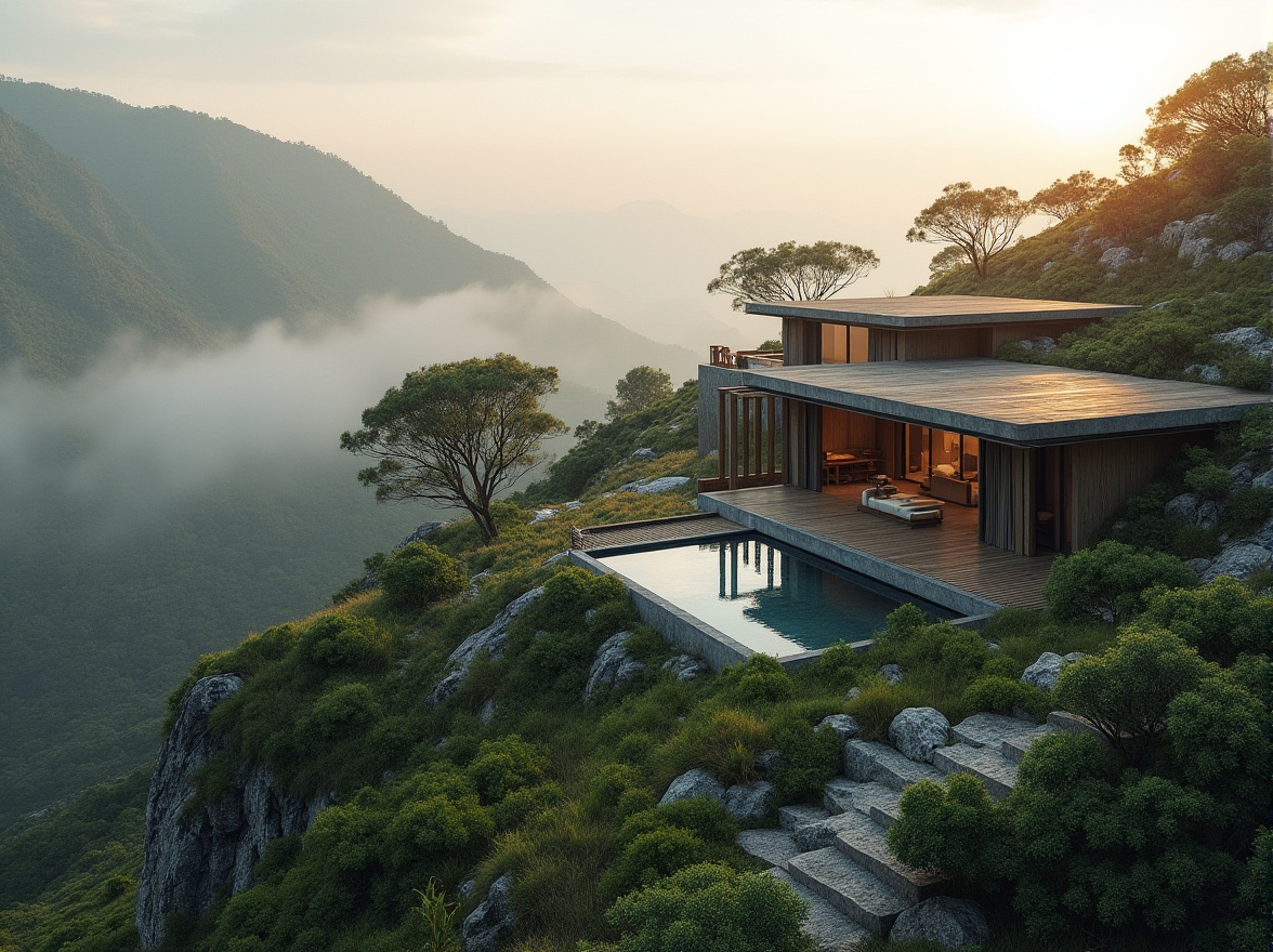 Prompt: Scenic hillside, lush greenery, meandering pathways, rustic stone walls, modern minimalist architecture, cantilevered roofs, floor-to-ceiling windows, sliding glass doors, outdoor living spaces, infinity pools, water features, native plant species, natural rock formations, misty morning atmosphere, warm sunlight, soft ambient lighting, 1/1 composition, symmetrical framing, realistic textures, atmospheric perspective.