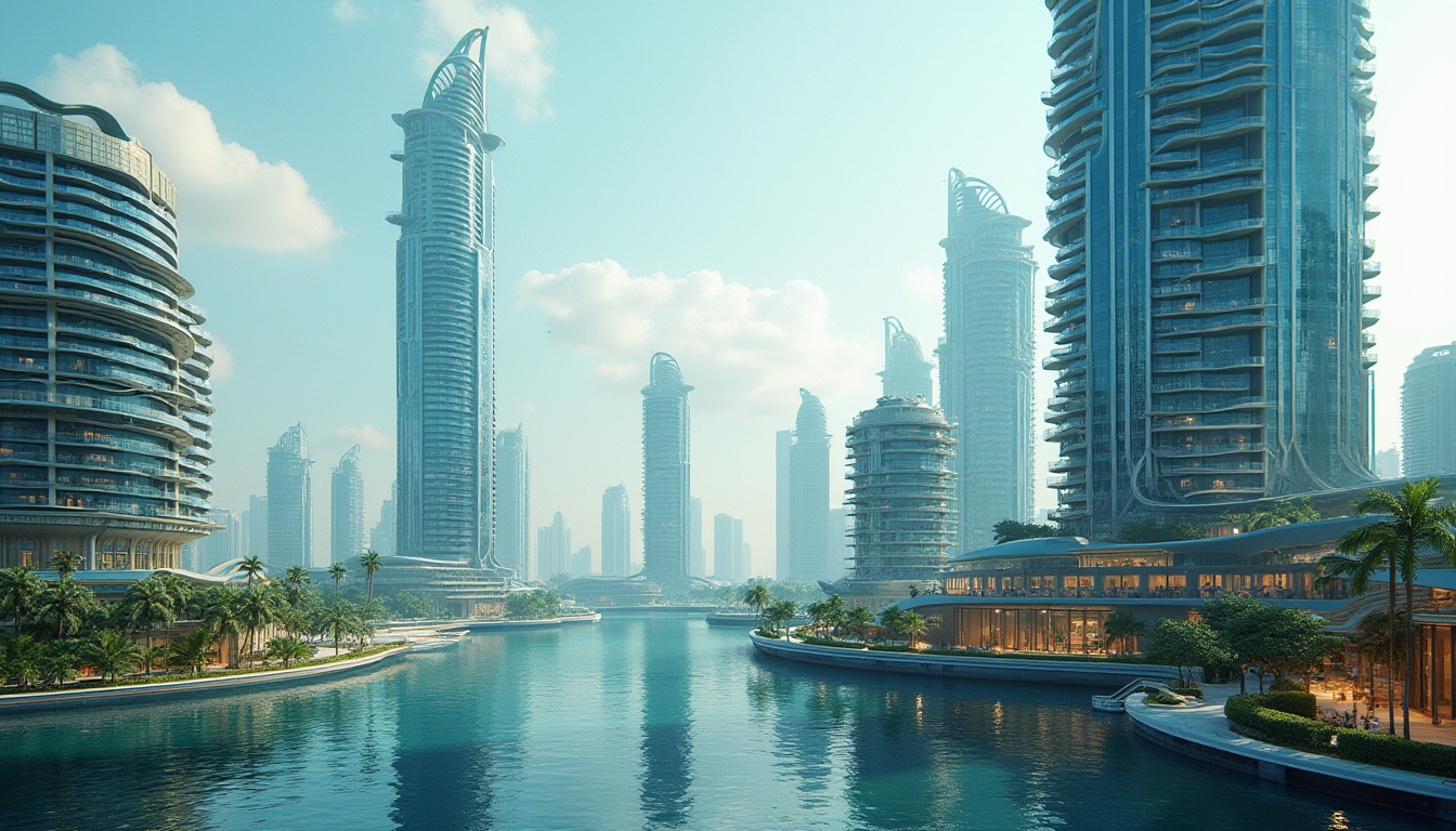 Prompt: Futuristic waterfront towers, sleek metallic structures, curved glass facades, cantilevered balconies, ocean-inspired wave patterns, sustainable green roofs, solar-powered elevators, misting systems, sea-breeze ventilation, modern LED lighting, vibrant blue-green color scheme, 3/4 composition, panoramic views, realistic water reflections, ambient occlusion, shallow depth of field, soft warm glow, futuristic sci-fi atmosphere.