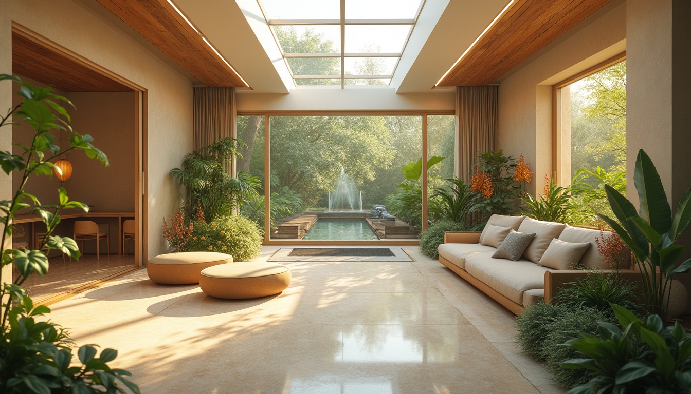 Prompt: Calming healing space, soft warm natural light, gentle diffused shadows, serene botanical garden, lush greenery, vibrant flowers, tranquil water features, peaceful fountain sounds, soothing color palette, earthy tones, wooden accents, minimalist decor, comfortable seating areas, cozy reading nooks, floor-to-ceiling windows, sliding glass doors, skylights, clerestory windows, warm beige walls, soft cream flooring, calming ambiance, shallow depth of field, 1/2 composition, realistic textures, ambient occlusion.