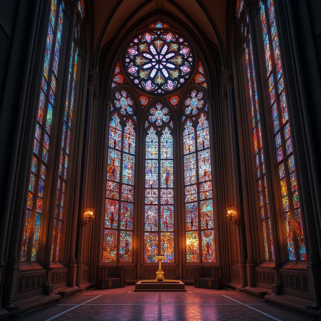 Prompt: Intricate stained glass windows, vibrant colors, ornate Gothic architecture, grand cathedrals, ribbed vaults, flying buttresses, rose windows, kaleidoscope patterns, rich textures, mystical ambiance, soft warm lighting, dramatic shadows, sacred atmosphere, ancient craftsmanship, elaborate facades, pointed arches, majestic heights, solemn silence, mysterious auras, divine presence, heavenly views, 1/1 composition, low-angle shot, cinematic lighting, realistic reflections.