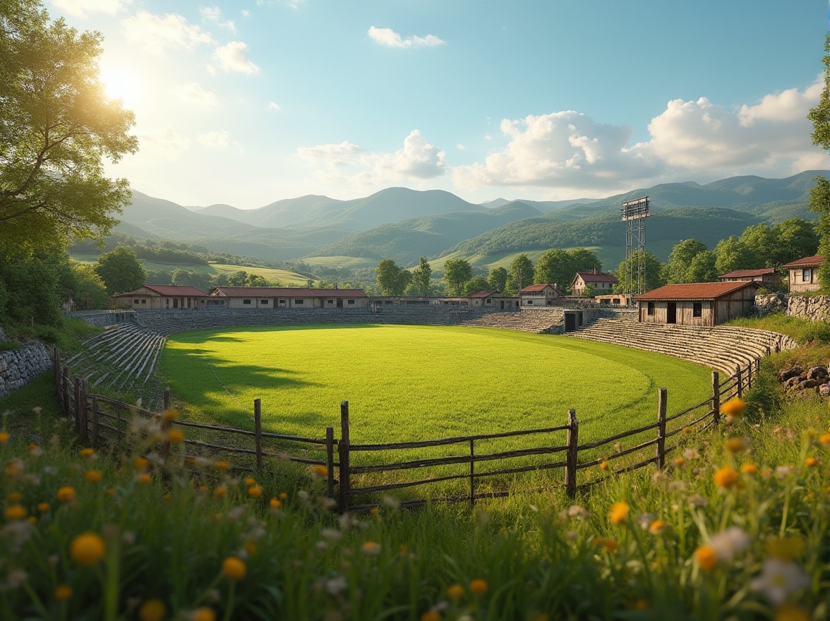 Prompt: Rustic rural football stadium, lush green grass, rolling hills, natural stone walls, wooden fences, vintage scoreboard, classic goalposts, rural landscape views, wildflower fields, sunny afternoon, soft warm lighting, shallow depth of field, 3/4 composition, panoramic view, realistic textures, ambient occlusion, natural earthy tones, weathered wood accents, galvanized metal details.