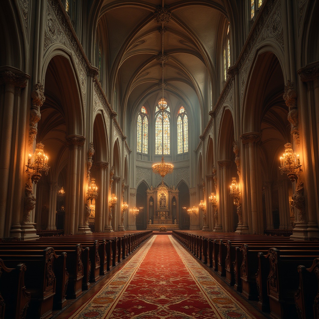 Prompt: Elegant cathedral, soaring vaulted ceilings, ribbed arches, stained glass windows, intricate stone carvings, grandiose chandeliers, ornate pews, sacred relics, mysterious ambiance, warm golden lighting, high contrast shadows, dramatic vertical composition, symmetrical arrangement, richly textured fabrics, luxurious velvet drapes, antique wooden furniture, mystical atmosphere.