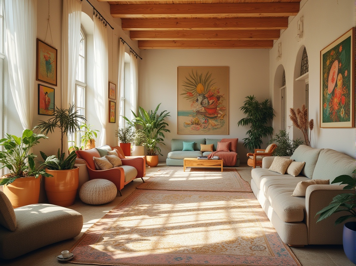 Prompt: Vibrant artistic space, eclectic furniture, warm golden lighting, rich wood accents, soft pastel hues, calming blue tones, creamy whites, natural textiles, organic shapes, earthy ceramics, whimsical patterns, bold brushstrokes, expressive art pieces, cozy reading nooks, plush area rugs, comfortable seating areas, relaxed atmosphere, serene ambiance, 1/1 composition, warm color harmony, realistic textures, soft focus.