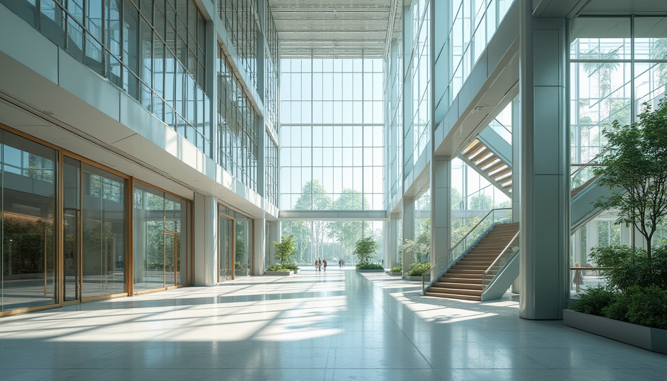 Prompt: Glass facade, minimalist framework, open floor plans, transparent walls, natural light pouring in, airy atmosphere, sleek metal beams, polished concrete floors, reflective ceiling panels, futuristic elevators, spiral staircases, cantilevered roofs, green roofs, solar panels, wind turbines, water conservation systems, eco-friendly materials, innovative cooling technologies, shaded outdoor spaces, misting systems, abstract geometric patterns, vibrant colorful accents, panoramic views, shallow depth of field, 3/4 composition, realistic textures, ambient occlusion.