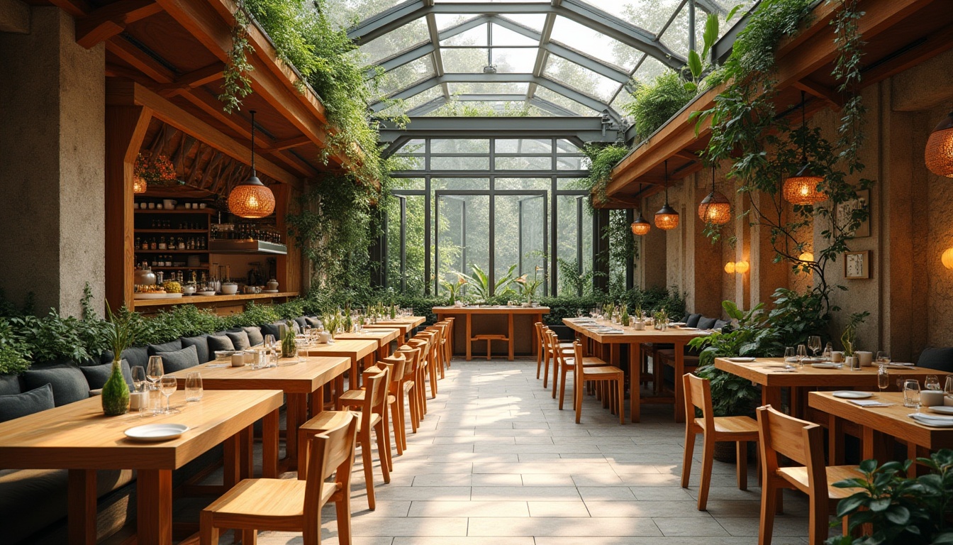 Prompt: Cozy restaurant interior, warm wooden accents, large windows, skylights, sliding glass doors, transparent roof, natural stone walls, earthy tones, vibrant greenery, hanging plants, minimalist decor, open kitchen layout, chef's table, communal seating, soft warm lighting, diffused daylight, 1/1 composition, shallow depth of field, realistic textures, ambient occlusion.