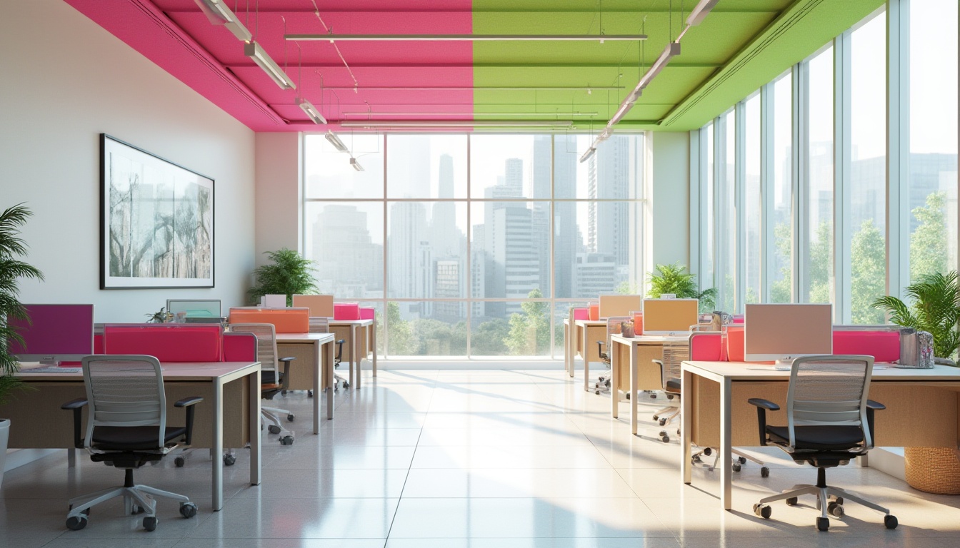 Prompt: Vibrant modern office space, sleek minimalist desks, ergonomic chairs, bright white walls, bold accent colors, neon pink and green hues, subtle wood textures, metallic finishes, natural light pouring in, floor-to-ceiling windows, urban cityscape views, morning sunlight, soft focus, shallow depth of field, 3/4 composition, panoramic view, realistic renderings, ambient occlusion.