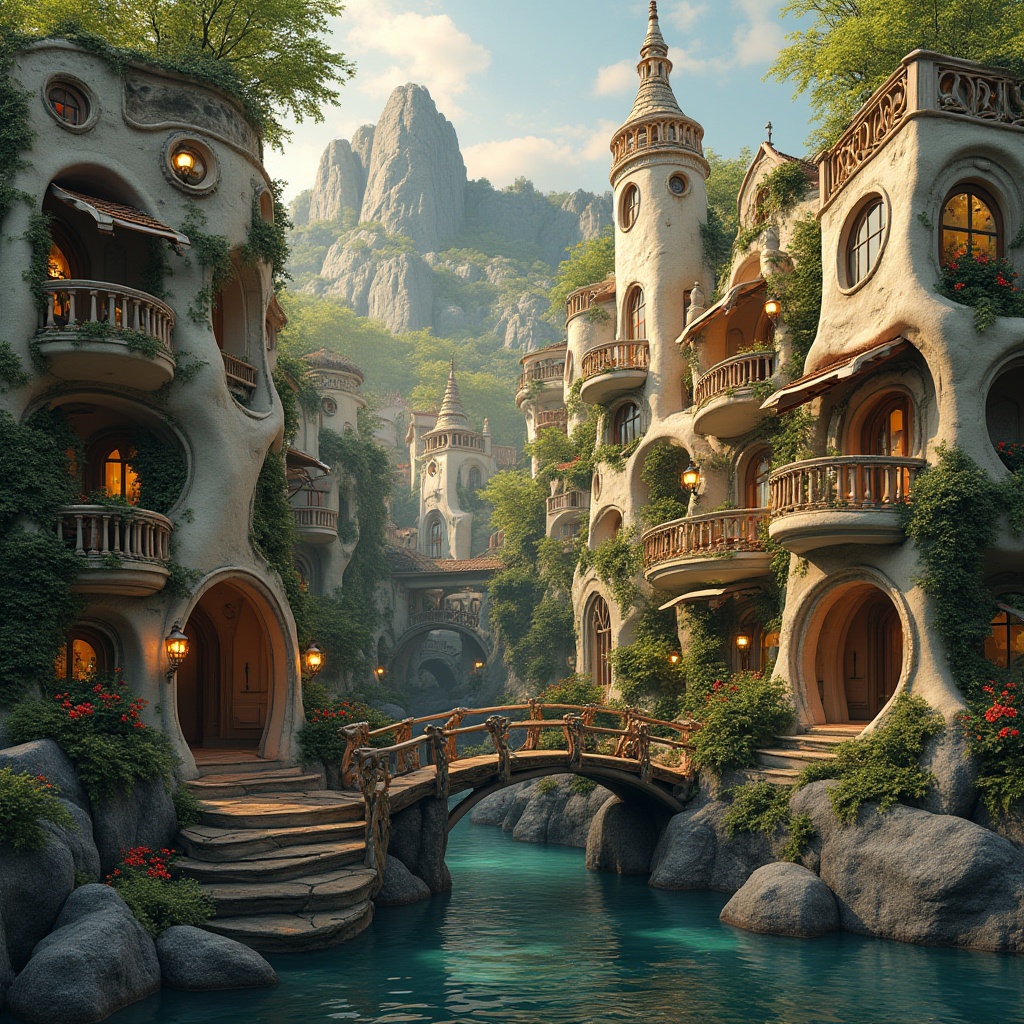 Prompt: Whimsical Art Nouveau buildings, flowing organic lines, ornate metalwork, sinuous stone carvings, stained glass windows, intricate mosaics, lush greenery, winding vines, blooming flowers, natural rock formations, serene water features, rustic wooden bridges, meandering pathways, soft warm lighting, dramatic shadows, 1/1 composition, atmospheric perspective, vivid color palette, organic textures, subtle animations.Let me know if you need any adjustments!