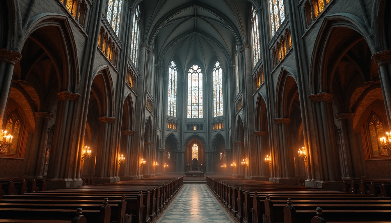 Prompt: Soaring cathedral, pointed arches, ribbed vaults, stained glass windows, intricate stone carvings, grandiose entranceways, vertical lines, dramatic height, ornate decorations, rich textures, mysterious ambiance, dim warm lighting, high contrast, atmospheric perspective, 1/1 composition, symmetrical framing, detailed ornaments, ancient architectural elements.