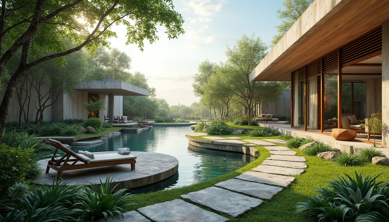 Prompt: Harmonious landscape integration, serene natural scenery, lush green vegetation, winding stone pathways, tranquil water features, modern architectural design, sleek glass facades, cantilevered rooflines, minimalist outdoor furniture, weathered wooden accents, soft warm lighting, shallow depth of field, 3/4 composition, panoramic view, realistic textures, ambient occlusion.