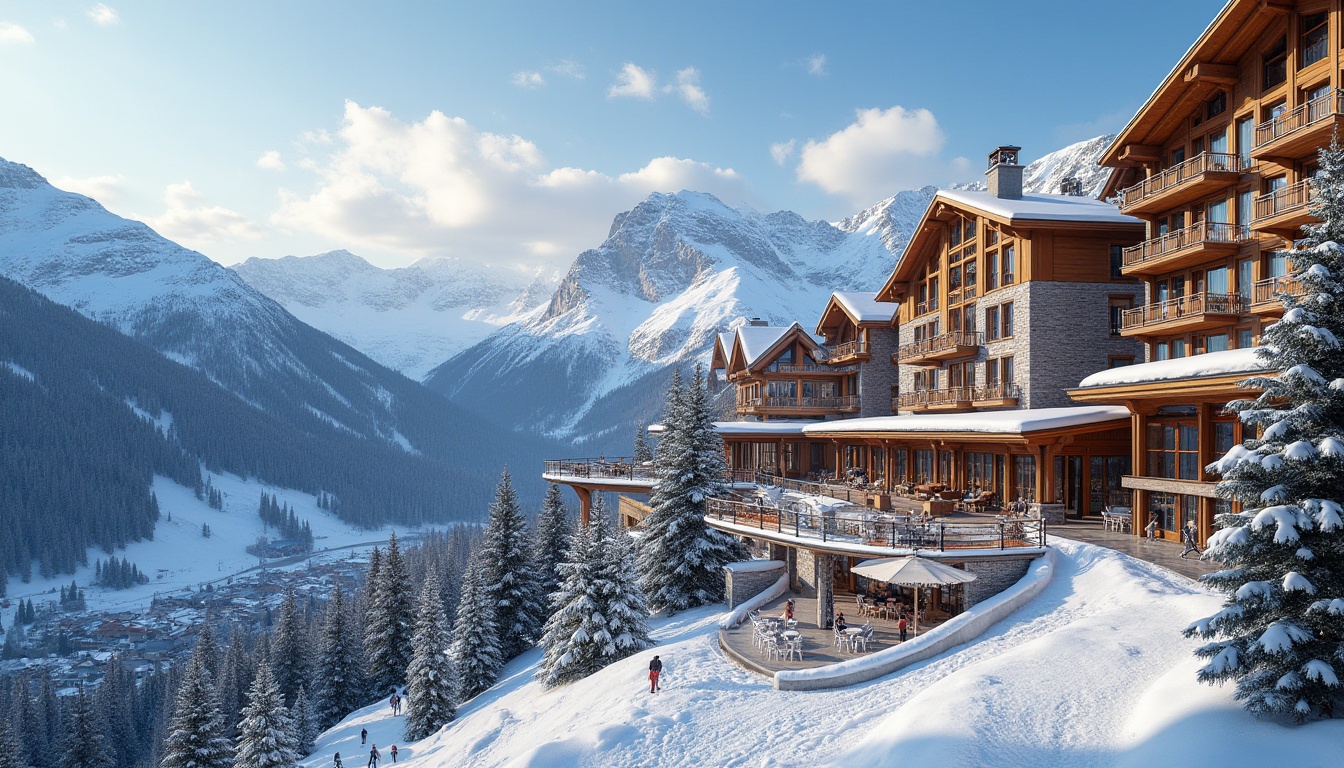 Prompt: Snow-capped mountains, ski resort architecture, modern chalet style, wooden accents, stone fa\u00e7ades, grand atriums, floor-to-ceiling windows, panoramic views, ski lifts, snow-covered slopes, frosty mornings, warm sunny afternoons, soft powdery snow, bustling outdoor spaces, cozy fireplaces, rustic decorative elements, natural textiles, earthy color palette, ambient lighting, shallow depth of field, 3/4 composition, realistic textures, ambient occlusion.