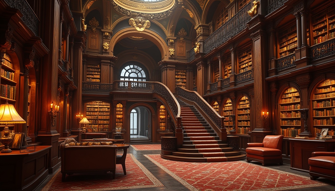 Prompt: Grandiose library, opulent furnishings, intricately carved wooden panels, ornate chandeliers, rich velvet drapes, gilded accents, classical columns, majestic staircases, warm golden lighting, cozy reading nooks, leather-bound books, ancient manuscripts, comfortable seating areas, quiet studious atmosphere, subtle scent of old books, soft focused lighting, 1/1 composition, symmetrical framing, realistic textures, ambient occlusion.