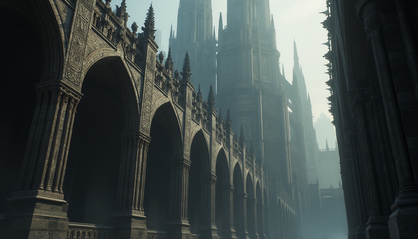 Prompt: Intricate stone carvings, soaring vertical lines, grandiose cathedrals, ribbed vaults, pointed arches, stained glass windows, ornate pinnacles, majestic bell towers, dramatic lighting, mysterious shadows, atmospheric fog, solemn ambiance, high contrast, 3/4 composition, narrow depth of field, detailed textures, ambient occlusion.