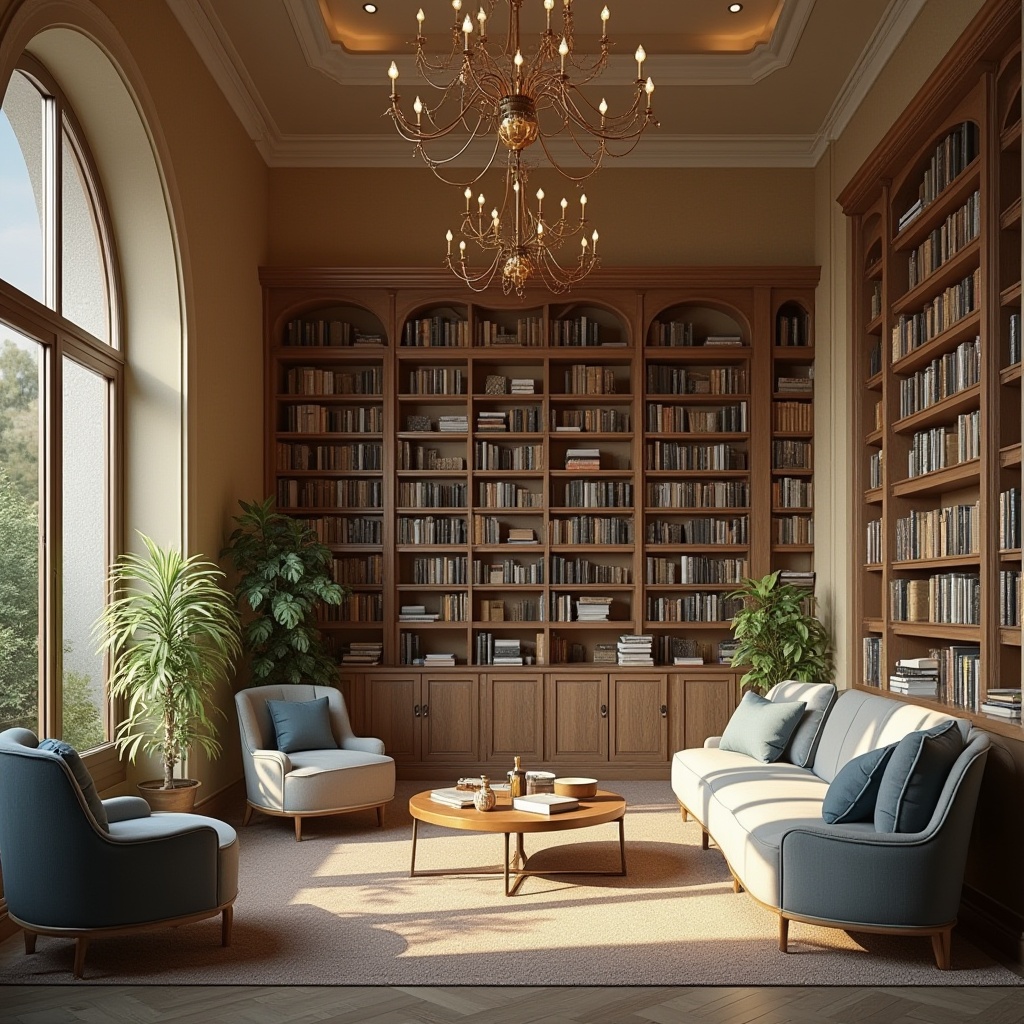 Prompt: Cozy library atmosphere, warm beige walls, rich wood accents, comfortable seating areas, soft cushioning, calming blue hues, muted greenery, natural light filtering, subtle texture variations, earthy tone bookshelves, metallic ladder details, quiet reading nooks, intimate study spaces, dramatic ceiling heights, elegant archways, sophisticated chandeliers, warm task lighting, 3/4 composition, shallow depth of field, realistic textures, ambient occlusion.