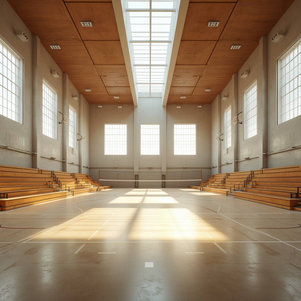 Prompt: Spacious gymnasium interior, high ceilings, clerestory windows, skylights, natural stone floors, wooden bleachers, basketball courts, volleyball nets, athletic tracks, mirrored walls, modern minimalist architecture, abundant daylight, soft warm illumination, shallow depth of field, 1/2 composition, realistic textures, ambient occlusion.