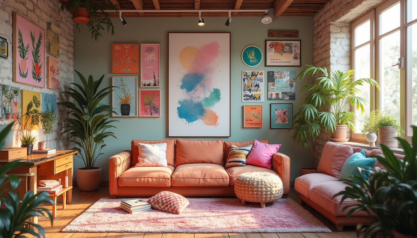 Prompt: Vibrant artistic studio, eclectic mix of colors, pastel hues, neon accents, rich textures, abstract patterns, modern art pieces, trendy decorative elements, inspirational quotes, cozy reading nook, natural wood furniture, plush area rug, floor-to-ceiling windows, abundance of plants, warm sunny day, soft diffused lighting, shallow depth of field, 1/1 composition, realistic renderings, ambient occlusion.