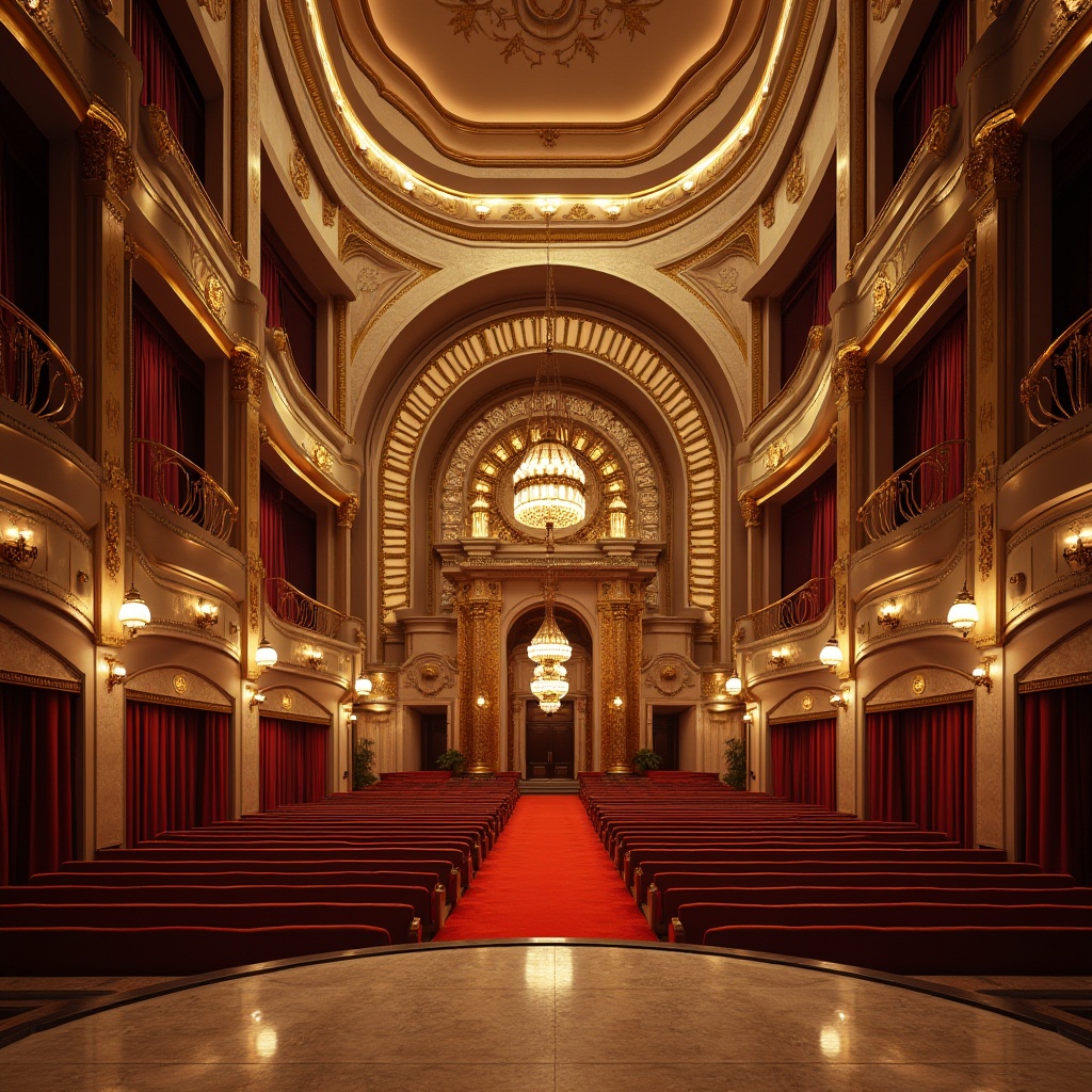 Prompt: Curved grand opera house facade, Art Deco patterns, metallic accents, sleek lines, geometric shapes, ornate details, golden statues, dramatic arches, grand entrance, red carpet, luxurious chandeliers, opulent interior design, marble floors, velvet curtains, gilded moldings, symmetrical composition, low-angle shot, warm golden lighting, high-contrast ratio, cinematic atmosphere, 2.35