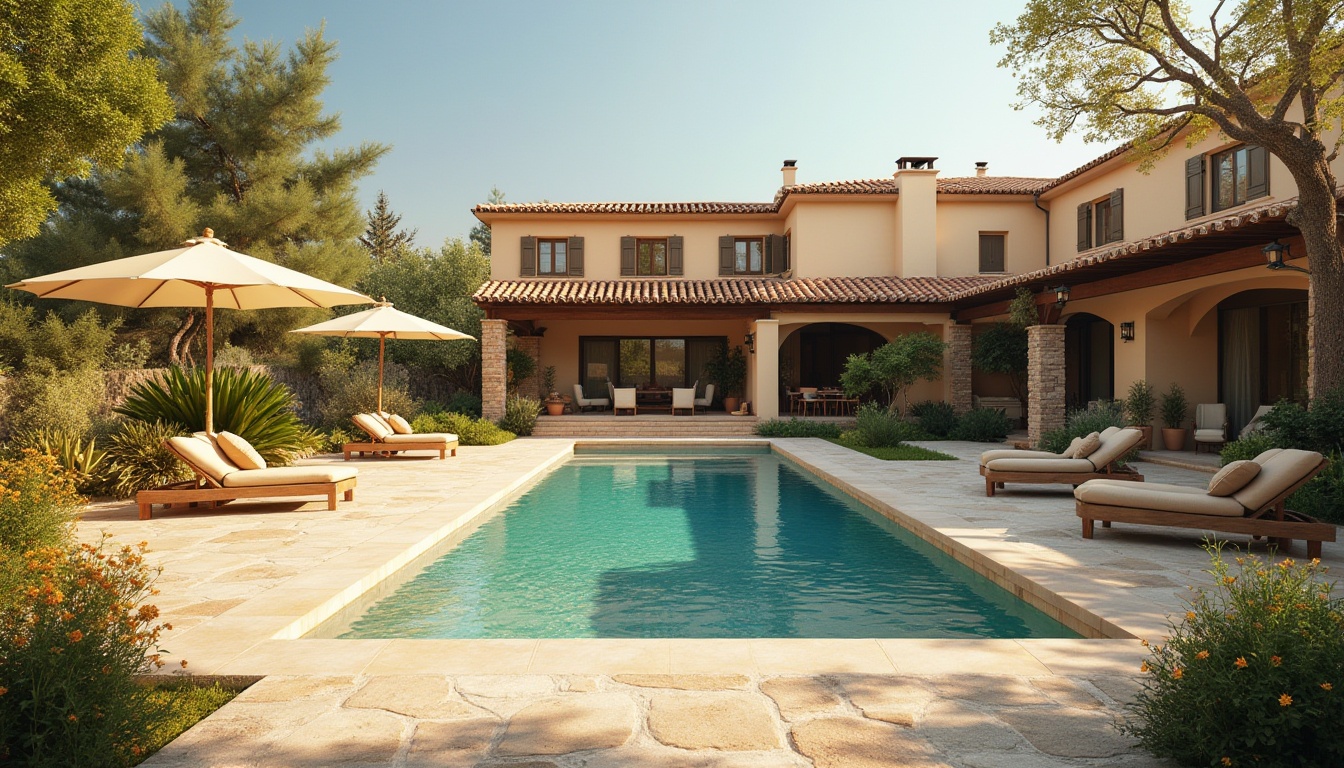 Prompt: Seren villa, Mediterranean style, earthy tones, warm beige walls, terracotta roofs, lush greenery, vibrant flowers, tranquil water features, natural stone pathways, rustic wooden accents, soft cream furniture, calming turquoise pool, sunny day, warm golden lighting, shallow depth of field, 1/1 composition, realistic textures, ambient occlusion.