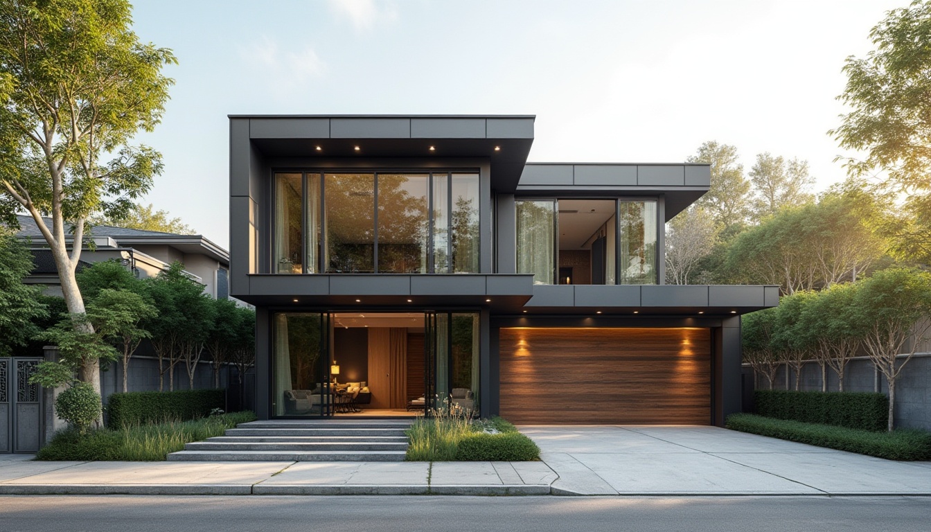 Prompt: Modern minimalist home exterior, sleek metal facade, large floor-to-ceiling windows, sliding glass doors, cantilevered rooflines, flat roofs, urban cityscape, concrete sidewalks, lush greenery, vibrant street art, warm sunny day, soft natural lighting, shallow depth of field, 1/1 composition, realistic textures, ambient occlusion.