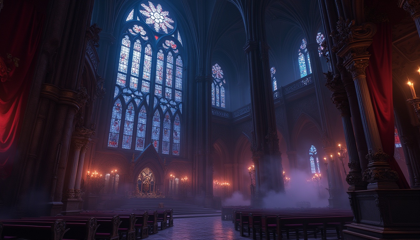 Prompt: Dark mysterious atmosphere, ornate gothic architecture, grandiose cathedral-inspired structures, intricate stone carvings, mystical stained glass windows, rich velvet drapes, ominous dark wood tones, eerie lantern lighting, bold red accents, deep purple hues, midnight blue shadows, gold leaf details, lavish ornateness, dramatic arches, mysterious foggy ambiance, warm candlelight glow, realistic textures, high contrast, cinematic composition.