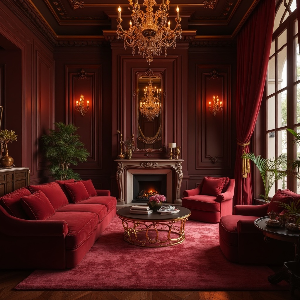 Prompt: Rich maroon accents, luxurious velvet textures, opulent golden lighting, lavish furniture, ornate metalwork, majestic architecture, grand chandeliers, dramatic drapery, sumptuous fabrics, warm ambient glow, cozy intimate spaces, sophisticated ambiance, 1/1 composition, shallow depth of field, soft focus, cinematic mood.