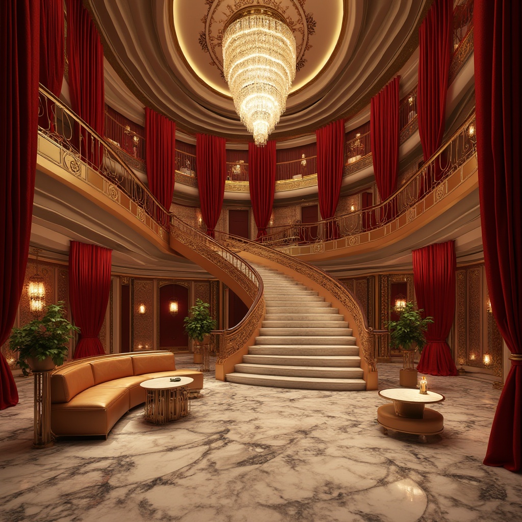 Prompt: Curved grand staircase, opulent chandeliers, lavish red velvet curtains, ornate golden balconies, sleek marble floors, modern minimalist seating areas, streamlined Art Deco patterns, bold geometric shapes, luxurious VIP lounges, state-of-the-art acoustics, dramatic spotlights, soft warm ambiance, shallow depth of field, 3/4 composition, panoramic view, realistic textures, ambient occlusion.