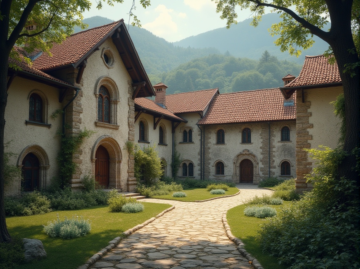 Prompt: Rustic monastery complex, weathered stone walls, ornate wooden doors, stained glass windows, vaulted ceilings, grand chapels, peaceful cloisters, serene courtyards, lush greenery, misty mountains, rolling hills, rural landscape, traditional regionalism style, earthy tones, natural materials, simplistic design, subtle ornaments, warm soft lighting, shallow depth of field, 1/2 composition, atmospheric perspective, realistic textures, ambient occlusion.