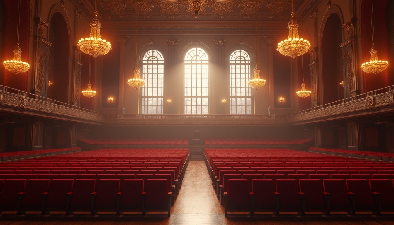 Prompt: Grand auditorium, high ceilings, ornate chandeliers, plush red seats, polished wooden floors, dramatic spotlights, soft warm glow, afternoon sunlight, floor-to-ceiling windows, transparent glass walls, minimal shading, neutral color palette, subtle texture variations, realistic reflections, cinematic atmosphere, wide-angle lens, shallow depth of field, 2/3 composition, symmetrical framing.