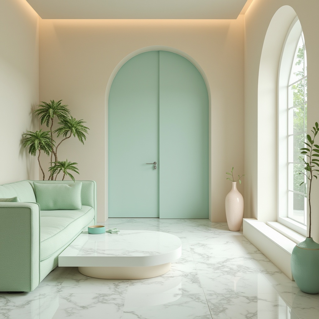 Prompt: Soft celadon hues, creamy whites, warm beige tones, gentle mint accents, calming turquoise undertones, elegant minimalist decor, sleek modern furniture, polished marble surfaces, subtle texture contrasts, serene natural light, shallow depth of field, 1/1 composition, realistic reflections, ambient occlusion, subtle gradient mapping.