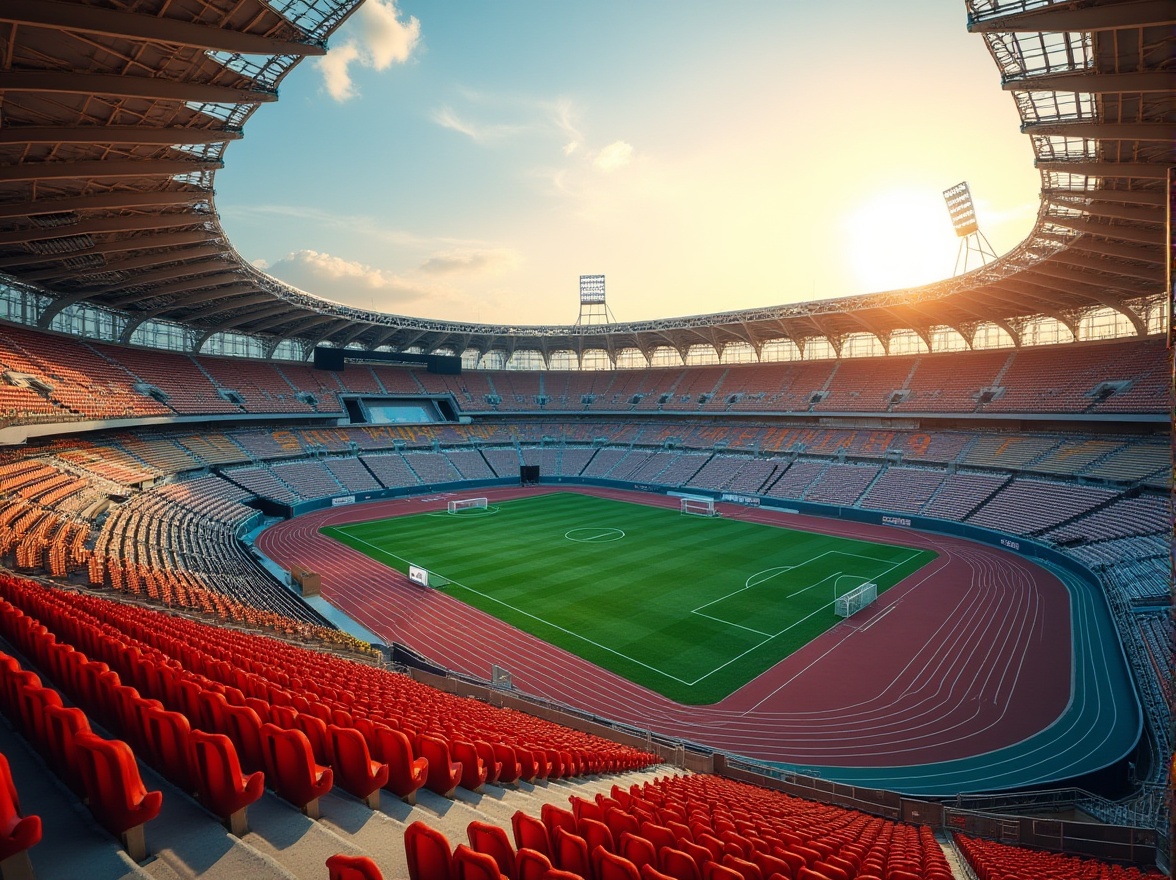 Prompt: Stadium grandstand, curved seating rows, vibrant team colors, athletic tracks, soccer goals, basketball hoops, tennis courts, Olympic-sized swimming pools, modernist architecture, cantilevered roofs, exposed steel beams, transparent glass facades, dynamic lighting systems, evening sunset, warm golden hour, shallow depth of field, 1/2 composition, realistic textures, ambient occlusion.