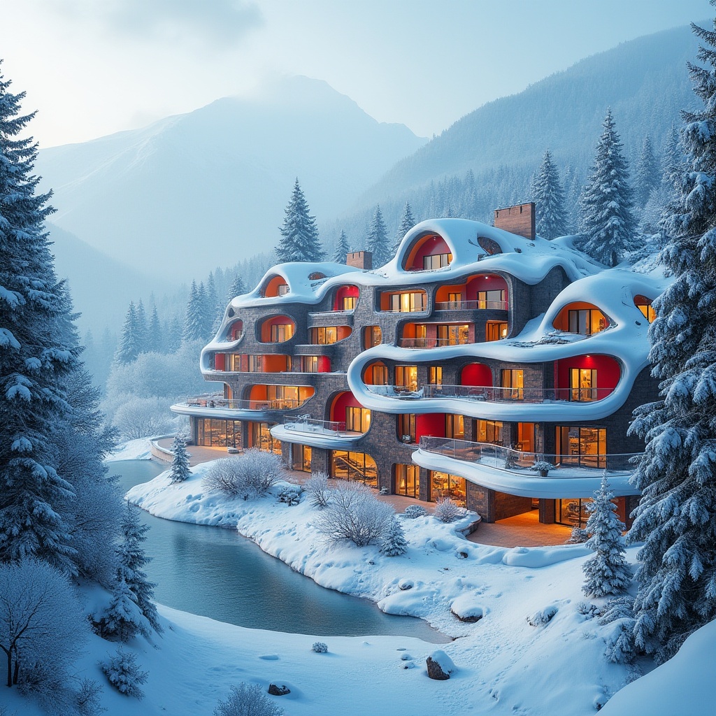 Prompt: Vibrant ski resort, snow-capped mountains, frozen lakes, frosty trees, modern expressionist facade design, undulating curves, irregular shapes, bold color schemes, contrasting textures, metallic accents, glass balconies, cantilevered roofs, asymmetrical compositions, dramatic lighting effects, misty atmosphere, shallow depth of field, 1/2 composition, wide-angle shot, realistic snowflakes, ambient occlusion.