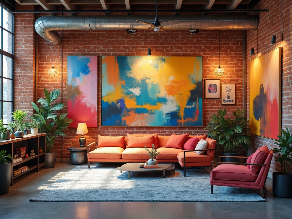 Prompt: Vibrant artistic studio, eclectic mix of colors, bold brushstrokes, abstract artwork, modern interior design, sleek furniture, industrial lighting fixtures, polished concrete floors, exposed brick walls, urban loft atmosphere, natural light pouring in, dramatic shadows, contrasting textures, 1/2 composition, warm color tones, pastel hues, metallic accents, neon signs, artistic expressions, creative freedom, inspirational quotes.