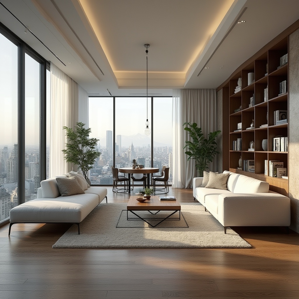 Prompt: Modern living room, comfortable sofas, sleek coffee tables, minimalist decor, floor-to-ceiling windows, natural light, urban city view, polished hardwood floors, plush area rugs, geometric patterned wallpaper, functional shelving units, hidden storage compartments, ambient soft lighting, 1/1 composition, shallow depth of field, realistic textures.