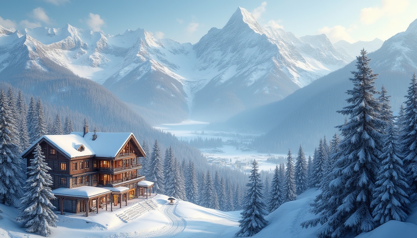 Prompt: Snow-capped mountains, lush green forests, frozen lakes, ski lifts, chairlifts, gondolas, snowmaking machines, rustic wooden chalets, modern ski resort architecture, grand entrance halls, cozy fireplaces, warm lighting, frosty mornings, gentle snowfall, soft focus, atmospheric perspective, 1/1 composition, symmetrical framing, realistic snow textures, ambient occlusion.