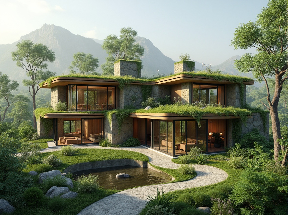 Prompt: Eco-friendly building, green roof, lush vegetation, solar panels, wind turbines, rainwater harvesting system, natural stone walls, reclaimed wood accents, floor-to-ceiling windows, minimalist interior design, organic shapes, earthy color palette, serene atmosphere, soft diffused lighting, shallow depth of field, 3/4 composition, panoramic view, realistic textures, ambient occlusion.