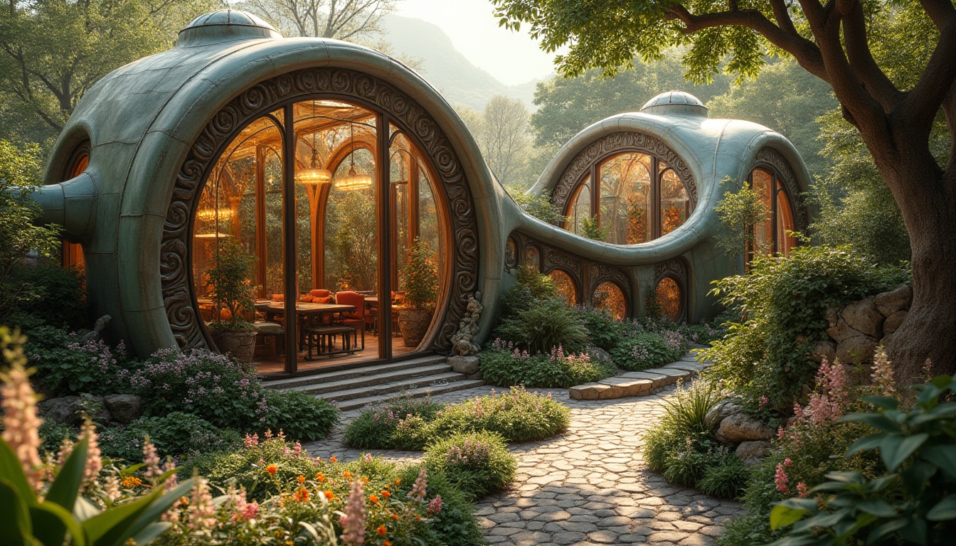 Prompt: Organic Art Nouveau building, sinuous lines, flowing curves, ornate metalwork, stained glass windows, blooming botanical gardens, meandering walkways, natural stone walls, whimsical sculptures, vibrant floral patterns, intricate mosaics, eclectic furnishings, warm golden lighting, shallow depth of field, 2/3 composition, soft focus, dreamy atmosphere, lush greenery, scenic vistas, panoramic views, idyllic surroundings.