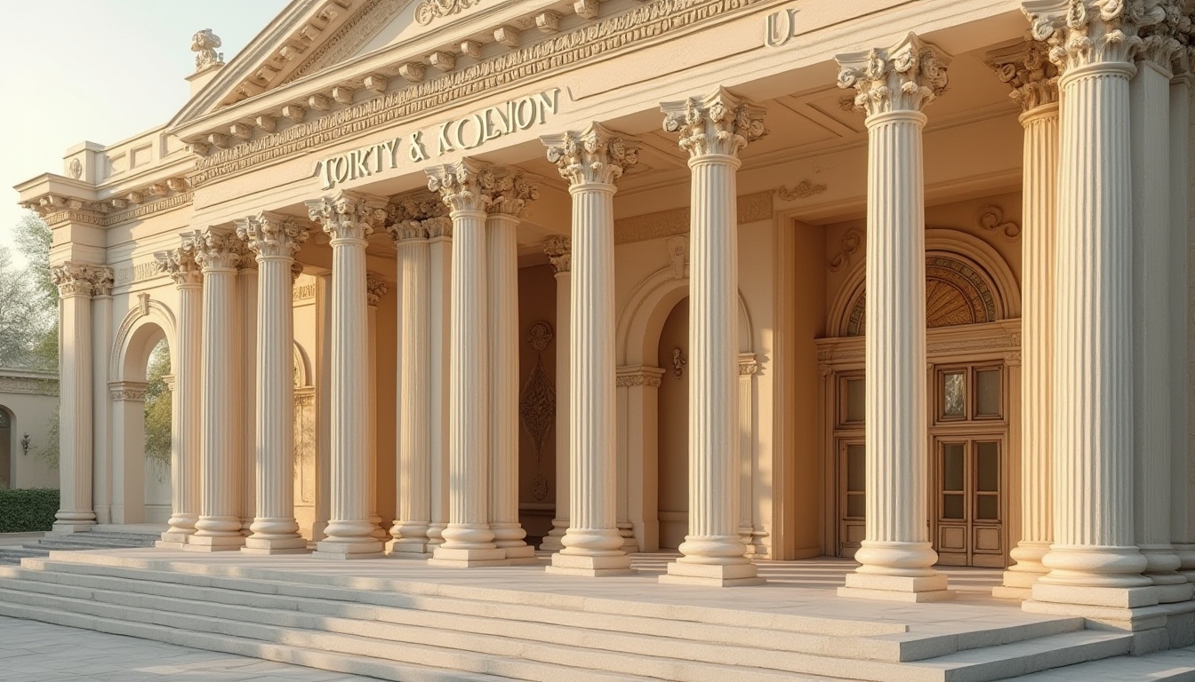 Prompt: Elegant neoclassical facade, soft creamy whites, rich golden yellows, muted earthy reds, subtle warm beiges, ornate details, fluted columns, carved moldings, grand entrances, symmetrical compositions, classical proportions, refined textures, intricate patterns, luxurious materials, subtle gradient effects, warm ambient lighting, shallow depth of field, 2/3 composition, realistic reflections.