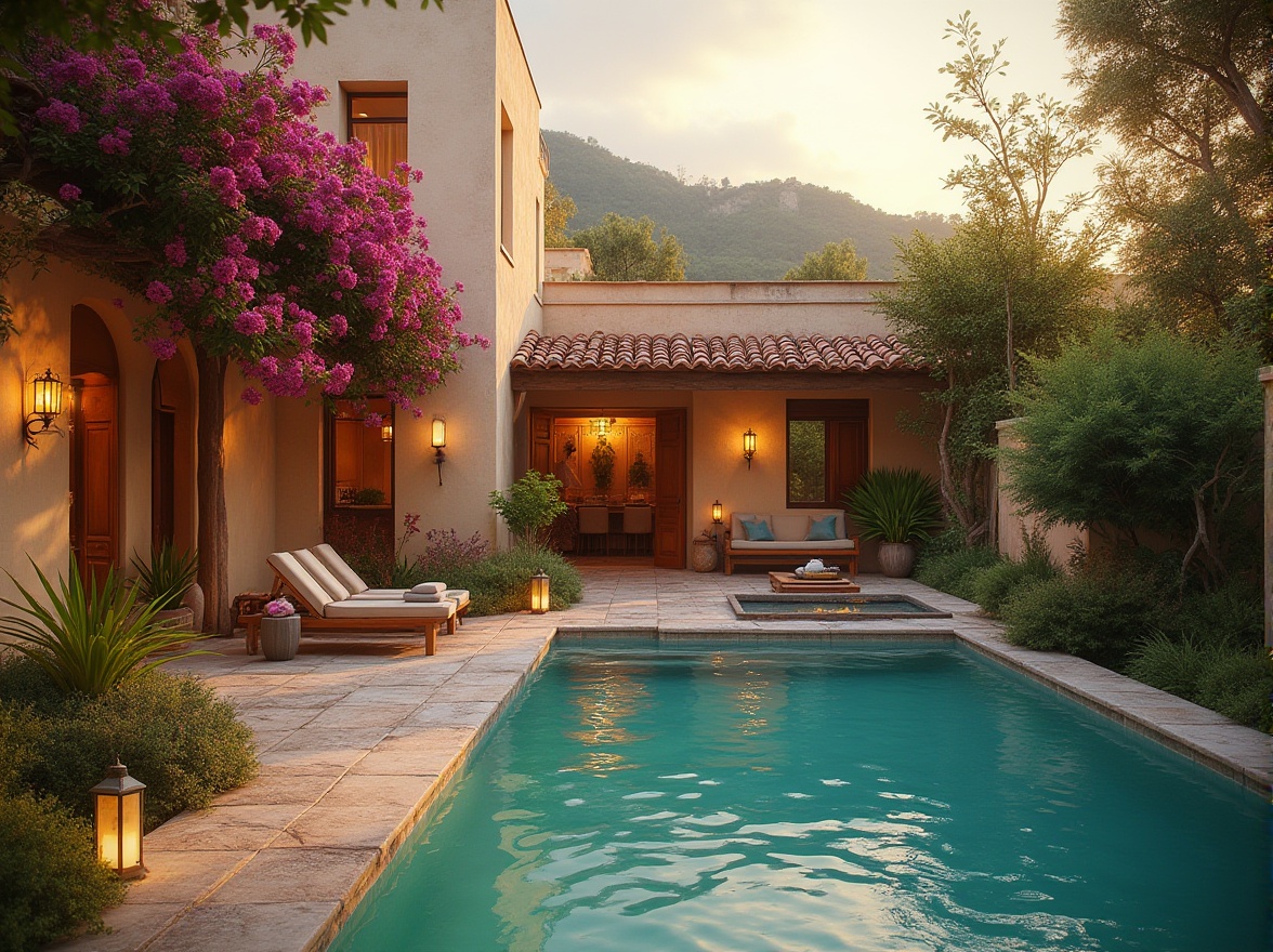 Prompt: Warm Mediterranean villa, soft creamy walls, rustic terracotta roofs, lush greenery surroundings, vibrant bougainvillea flowers, tranquil turquoise pool waters, natural stone pathways, wooden outdoor furniture, cozy lantern lighting, warm golden hour ambiance, shallow depth of field, 1/2 composition, realistic textures, ambient occlusion.